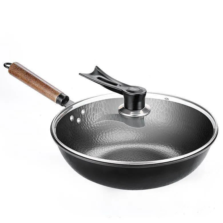 Traditional black iron wok with wooden handle, 32cm diameter