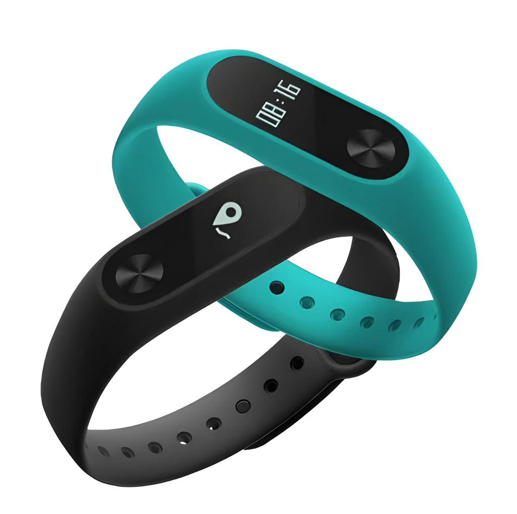Xiaomi Mi Band 2 black fitness band with OLED screen showing heart rate data on a wrist.