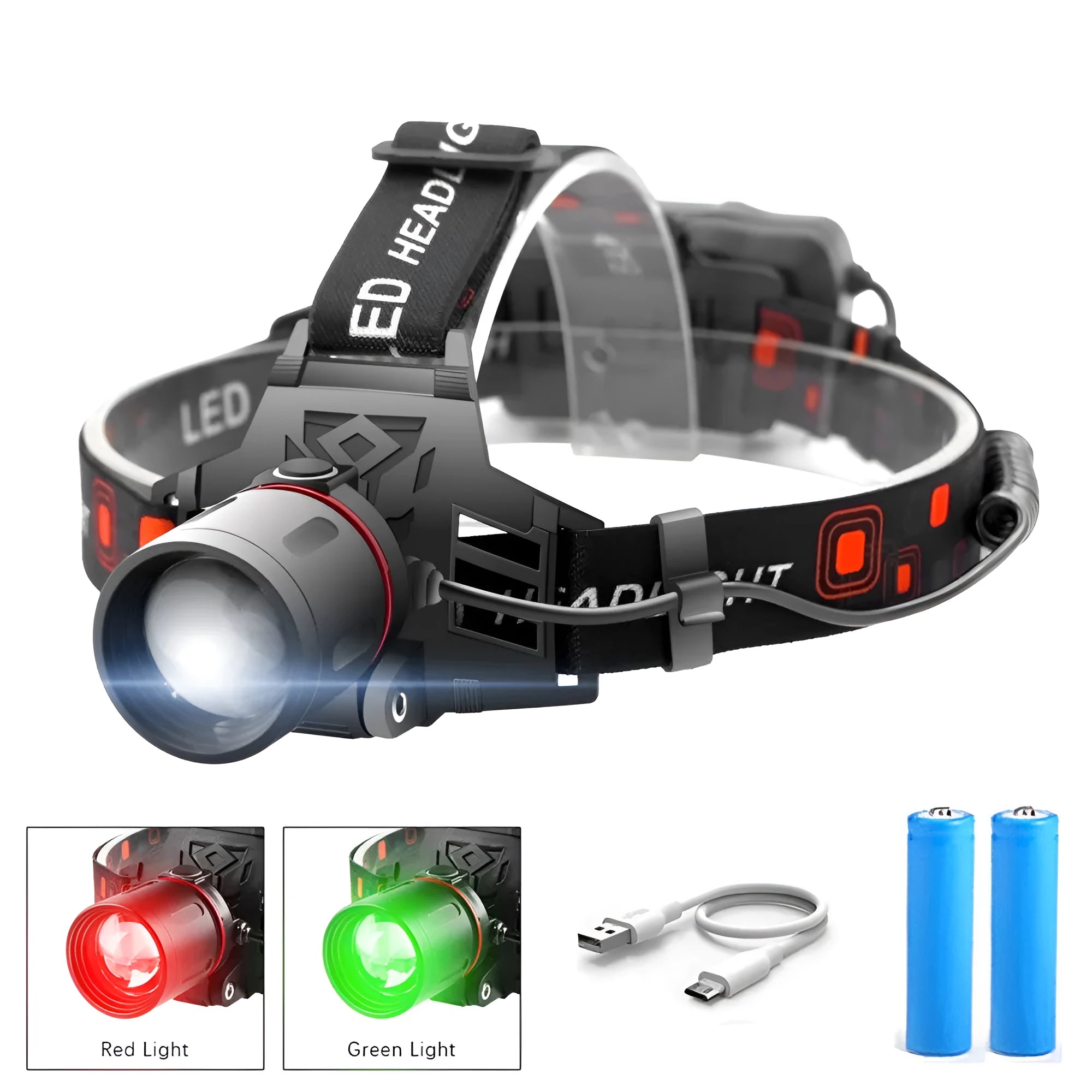 T6 LED zoom headlamp showing white, green, and red light modes with USB charger and batteries.