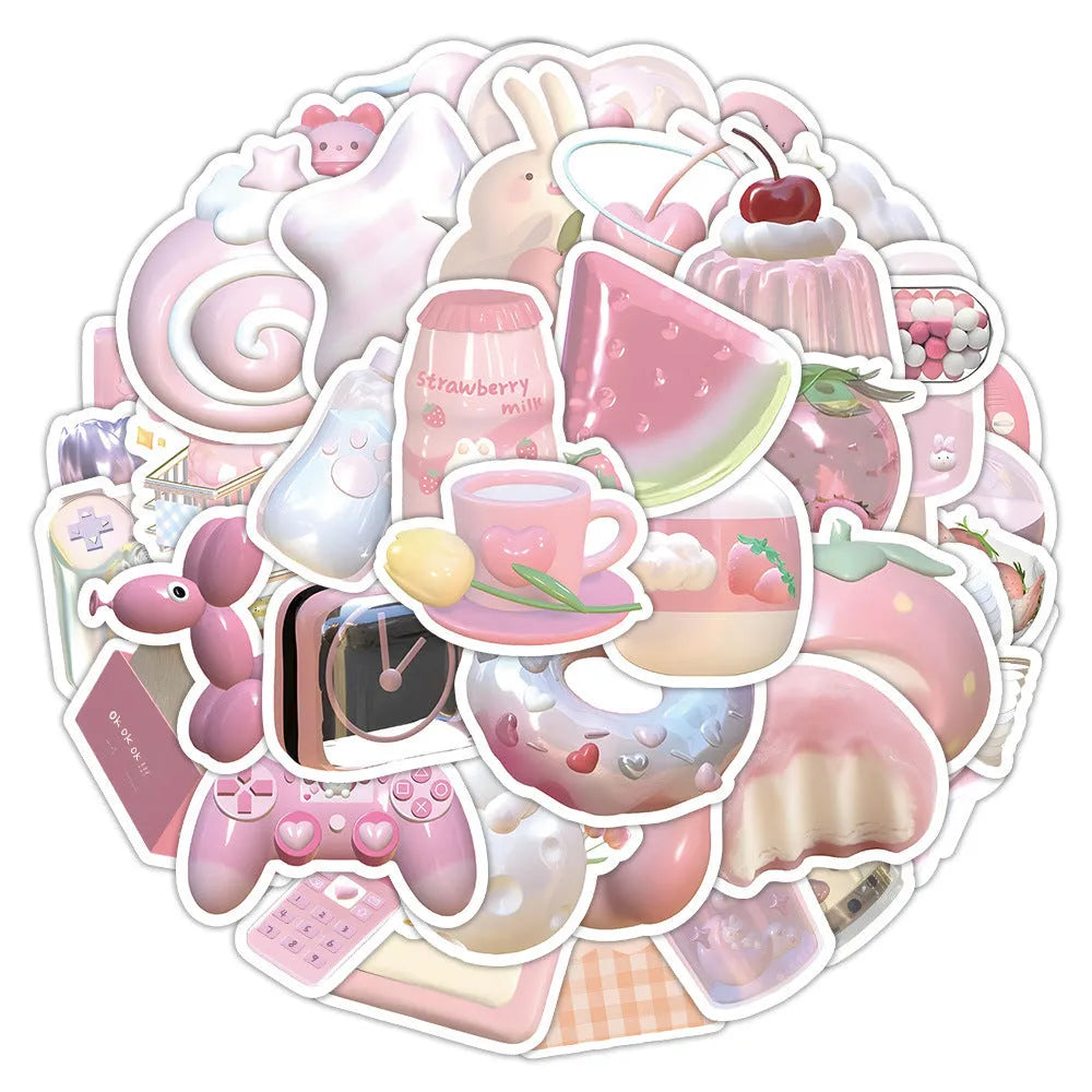 Pack of 63 cute pink heart decorative stickers with realistic 3D print on a sheet.