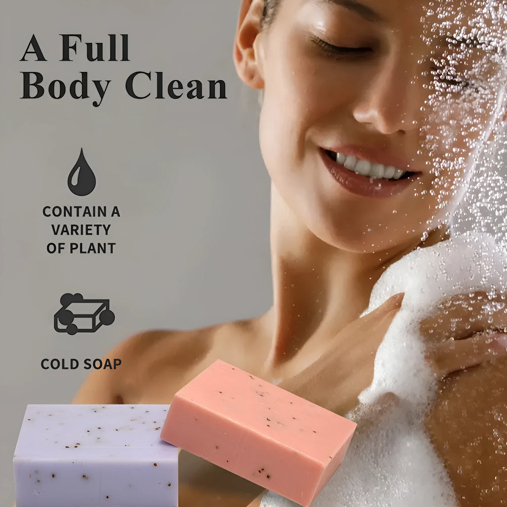 Handmade frosted essential oil soap bar in 100g size with scent options including coconut, green tea, lavender, and rose