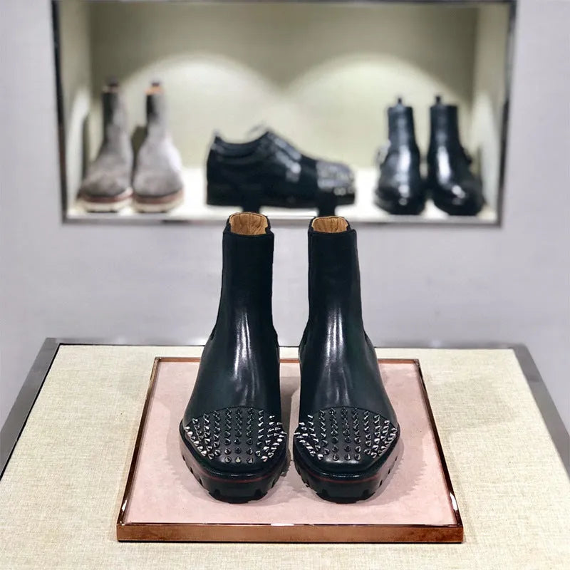 Men's black leather high top business casual shoes with a traditional leather sole.