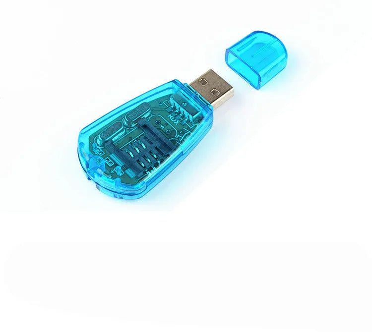 Blue USB 2.0 SIM card reader for mobile phone contact backup and SMS editing