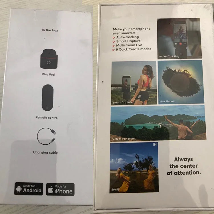 PIVO black matte facial tracking camera for smartphones on a rotating base.