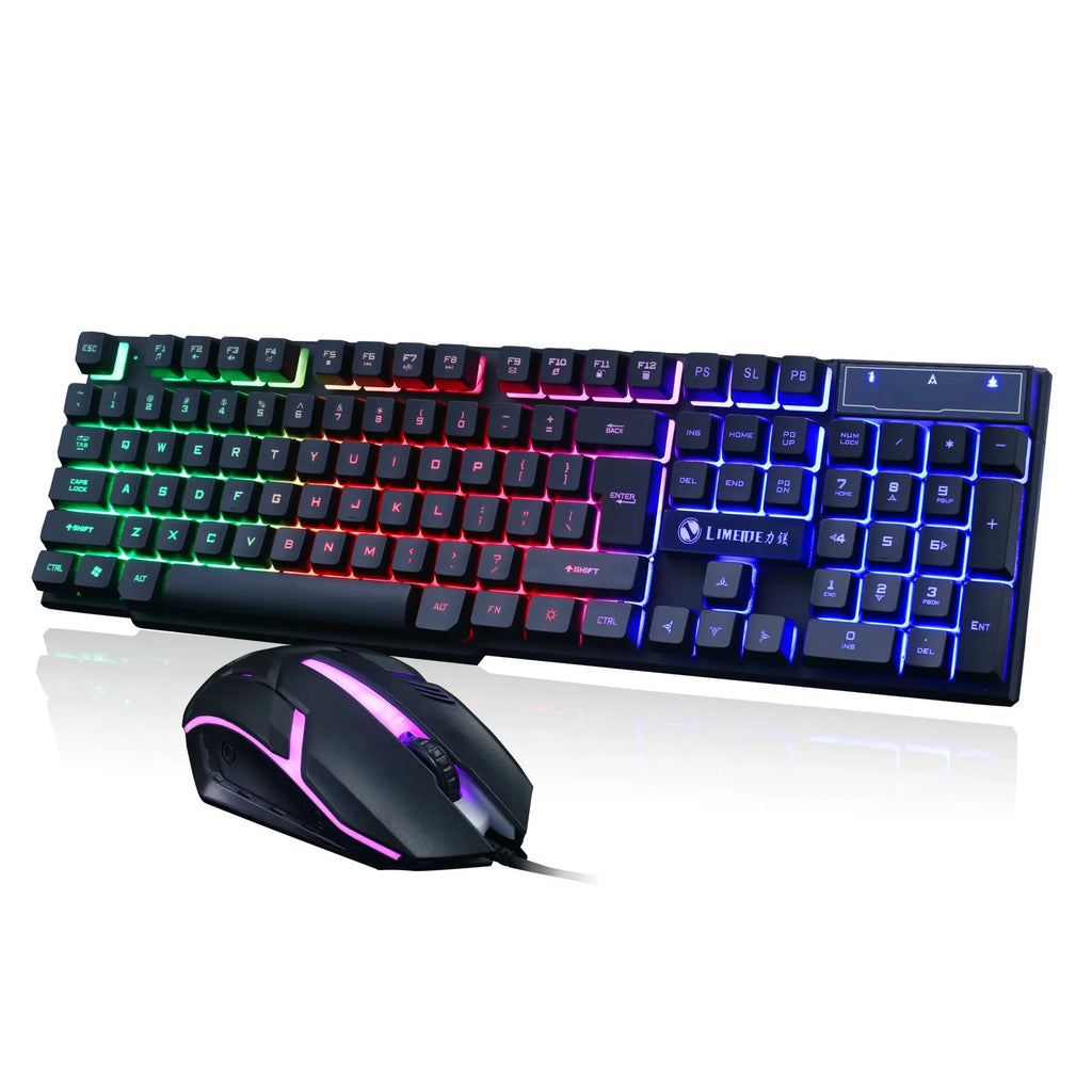 Limei GTX300 white and black gaming keyboard and mouse set with backlit keys on a desk