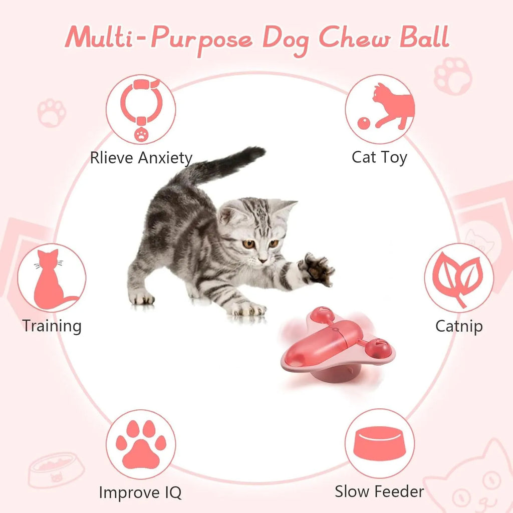 Blue interactive pet puzzle toy with snack cabin, bell, and catnip on a smooth floor.