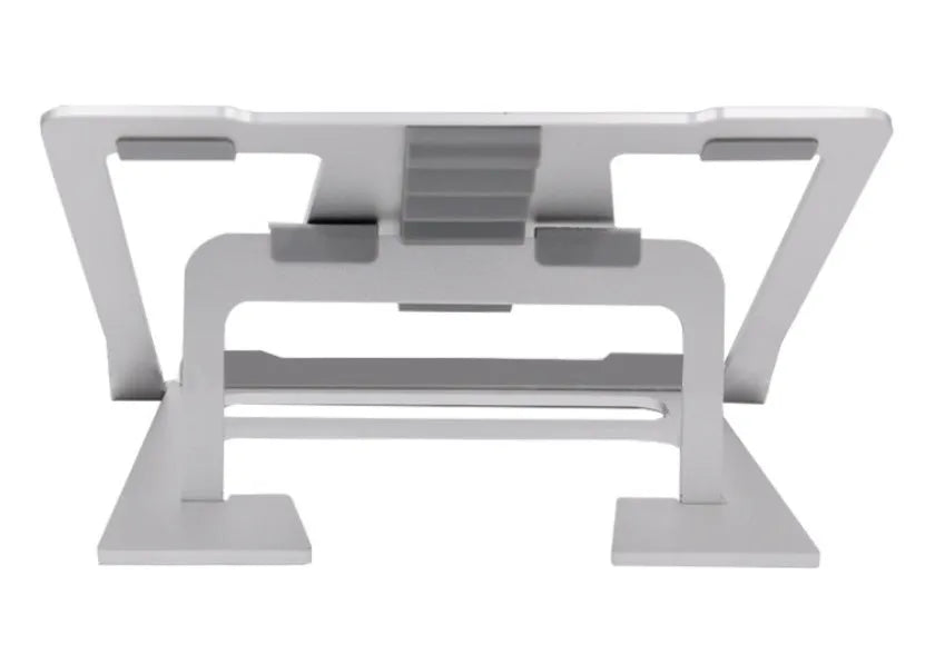 Silver aluminium foldable laptop stand with double silicone snaps, measuring 240x230x18mm, on a desk