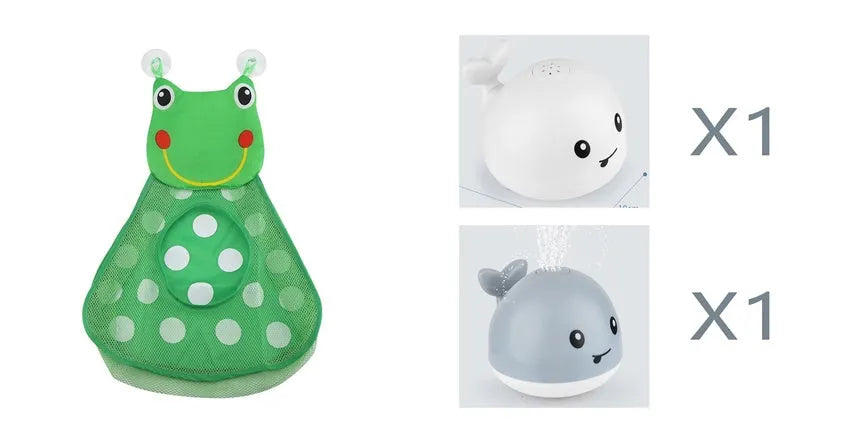 Whale-shaped baby bath toy with automatic water spray and colourful lights floating in water.