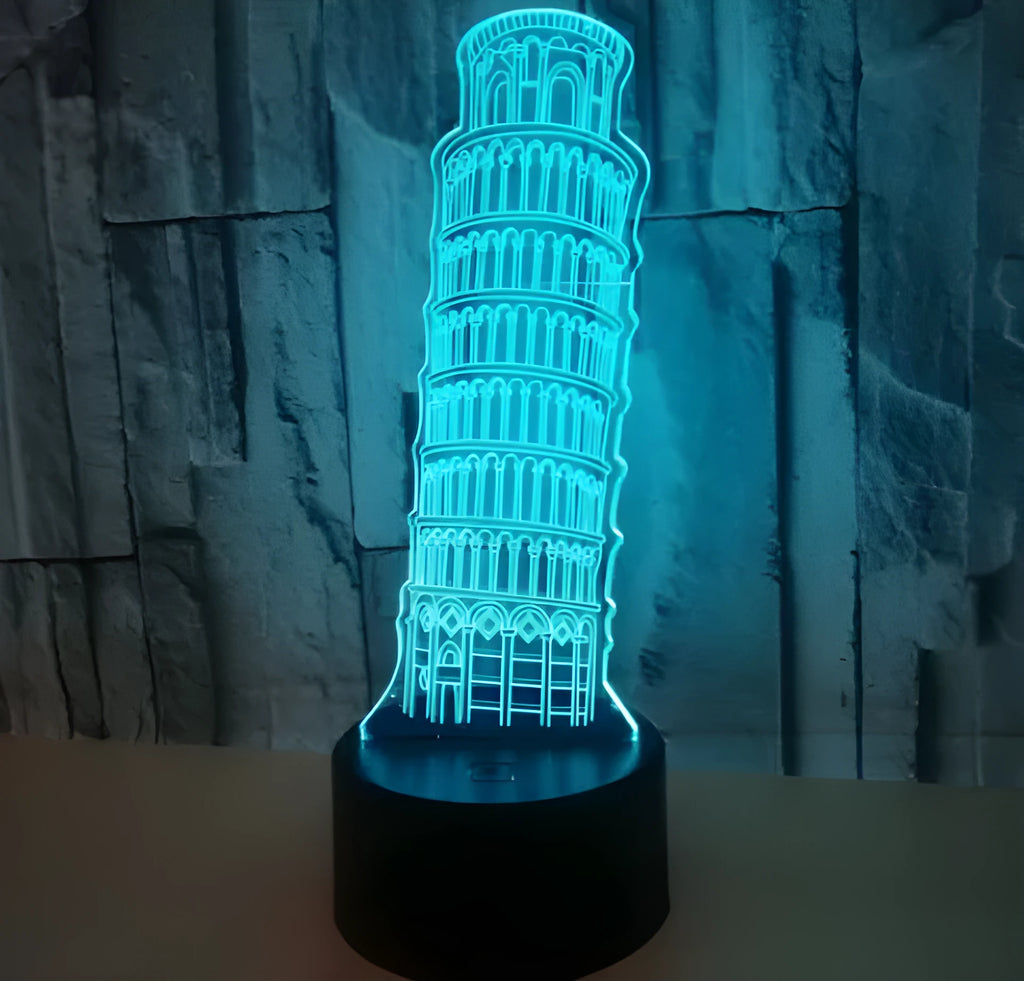 Leaning Tower of Pisa 3D acrylic nightlight with colour changing LEDs on black ABS base