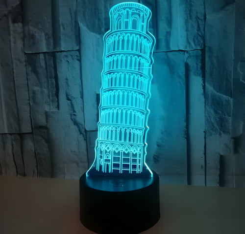 Leaning Tower of Pisa 3D acrylic nightlight with colour changing LEDs on black ABS base