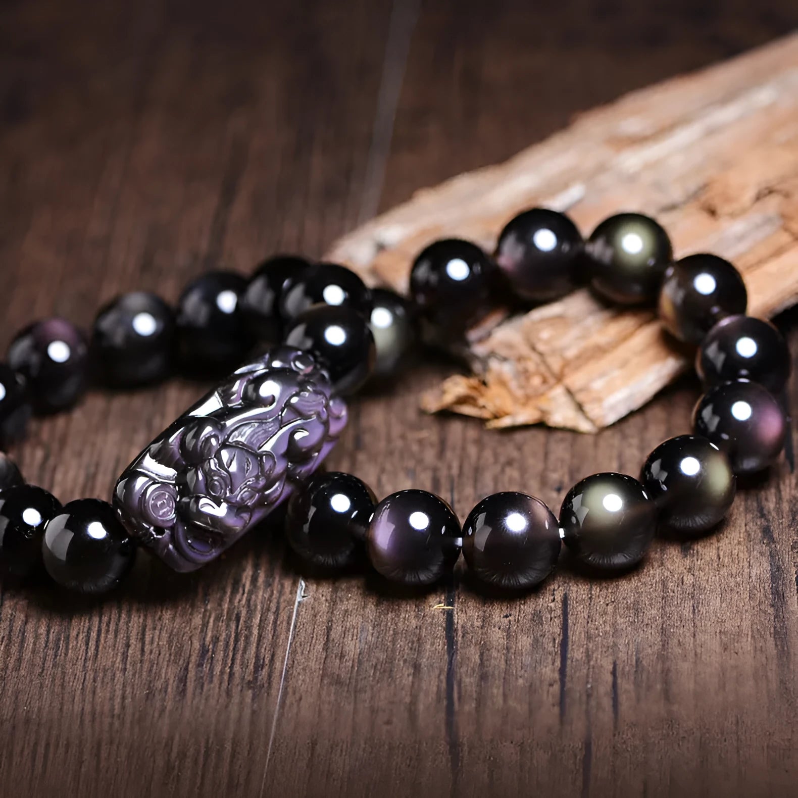 Crystal icy obsidian Pi Xiu bracelet in ethnic geometric style with ice stone beads
