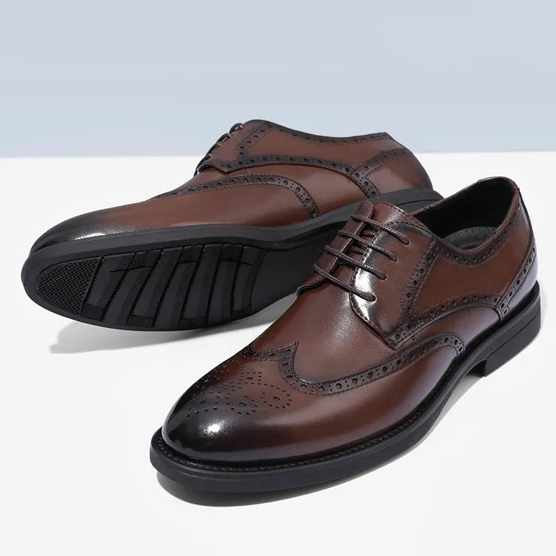 Men's black and brown brogue leather business shoes with traditional perforated decoration