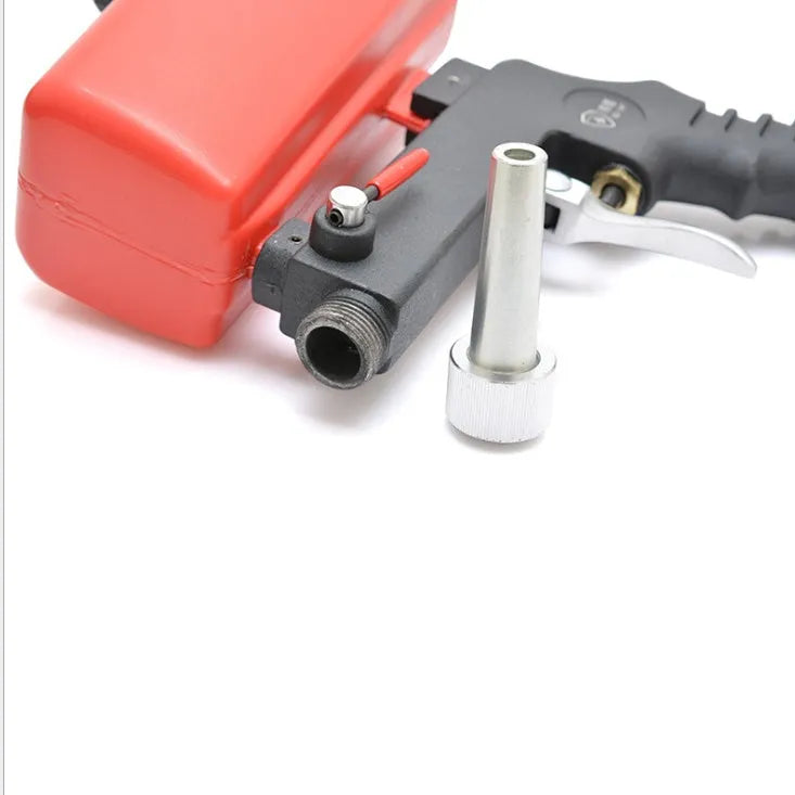 Portable blue pneumatic sandblasting gun with large hopper and nozzle for industrial surface cleaning.