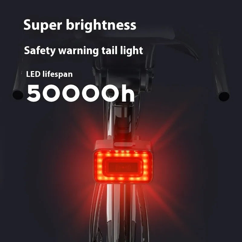 Smart radar bicycle taillight with double bracket mount showing dimensions and TYPE-C charging port