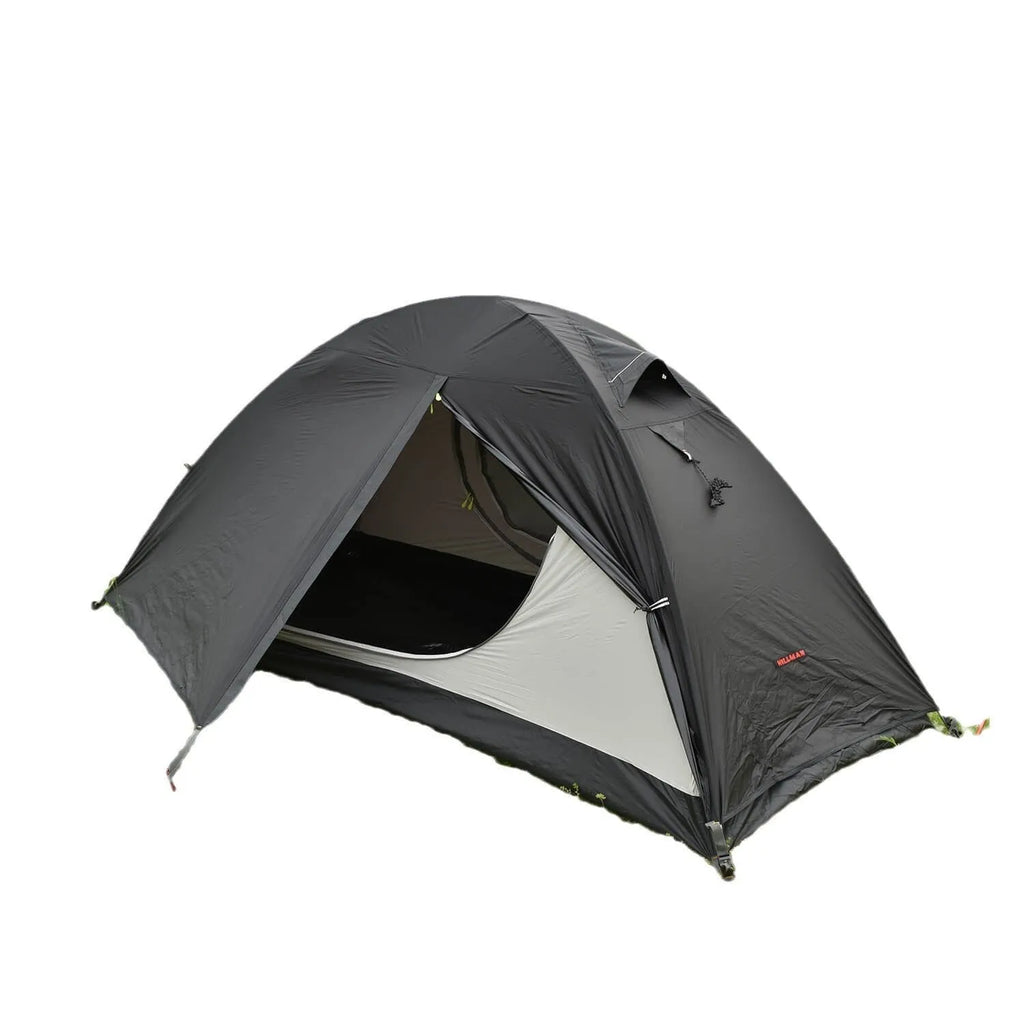 Single person tent with aluminium poles in red, black, or orange colours, showing double account design