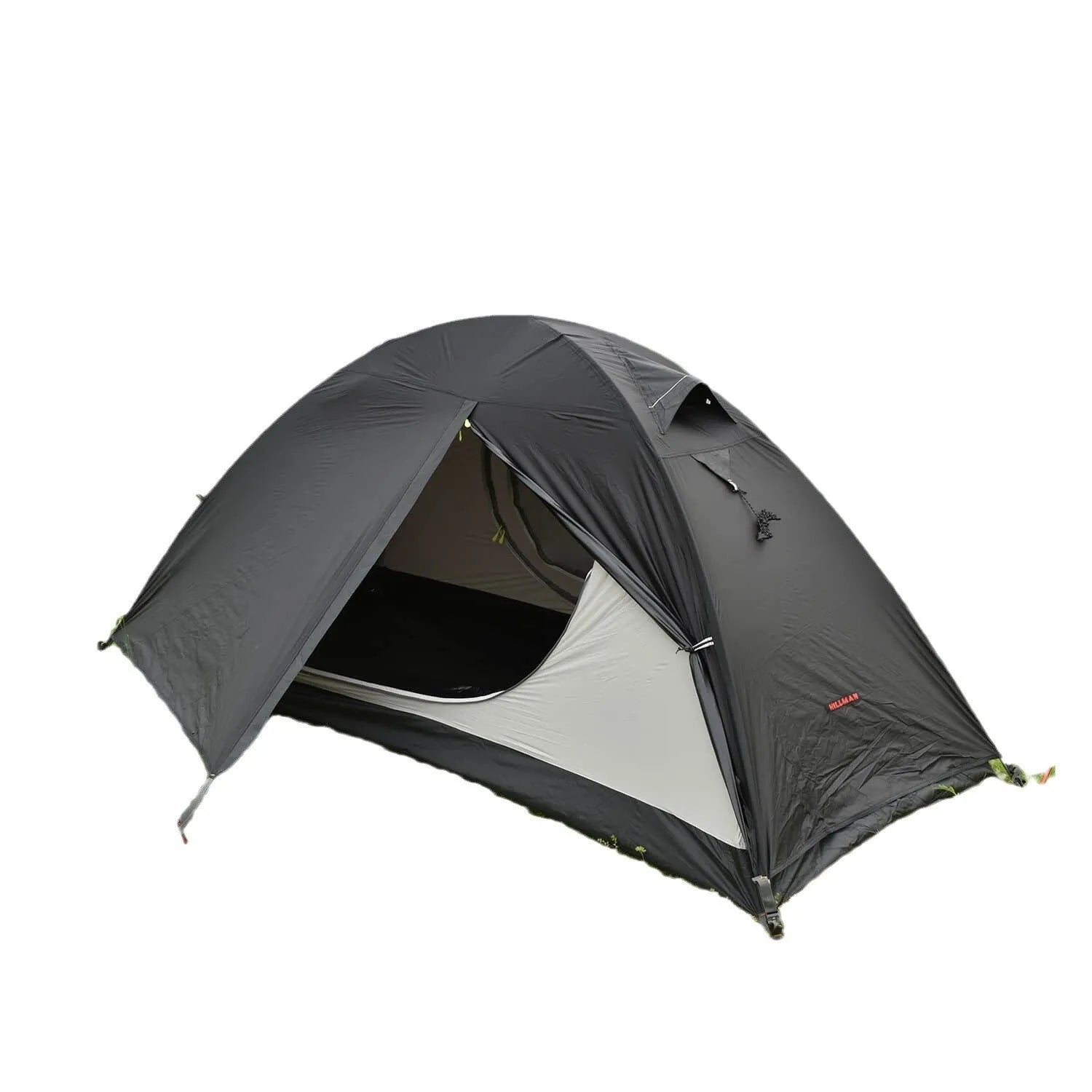 Single person tent with aluminium poles in red, black, or orange colours, showing double account design