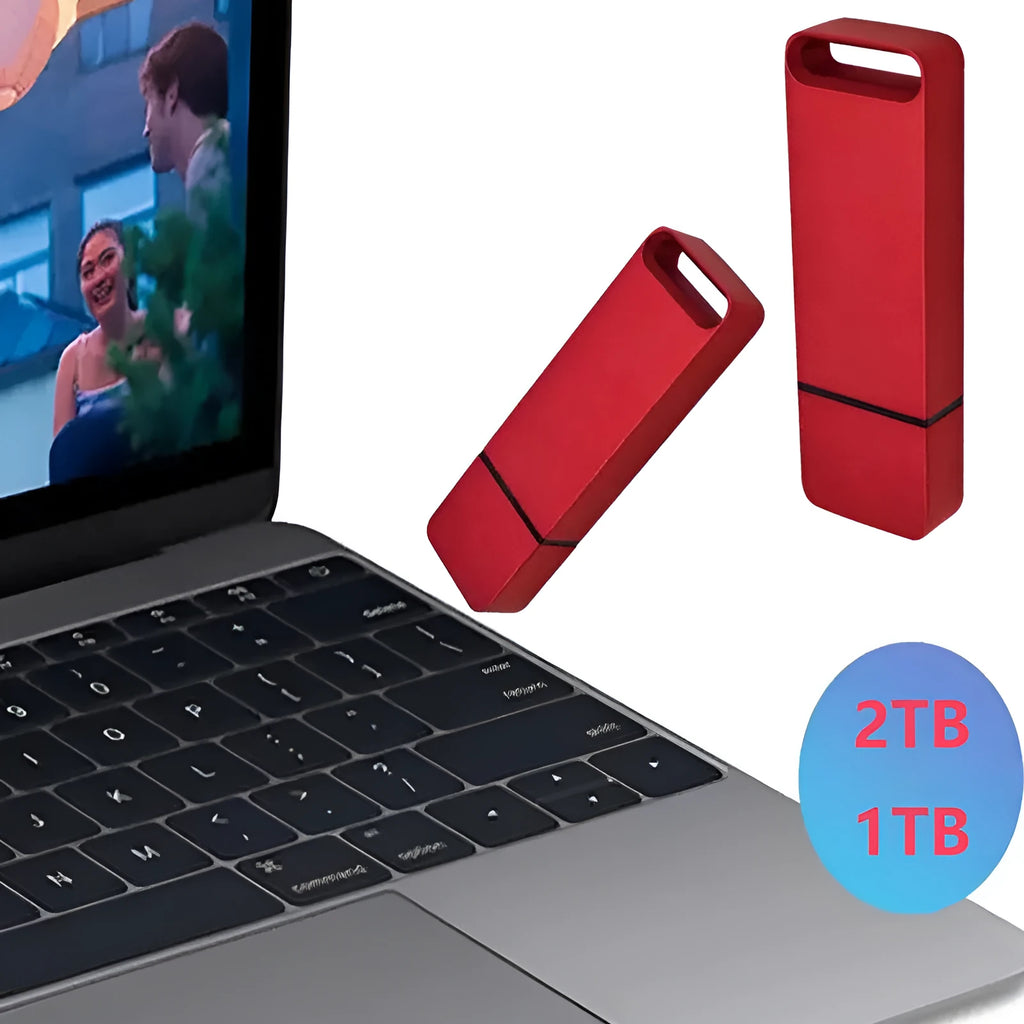 Customisable metal USB flash drive in black, red, or silver showing high capacity options up to 16TB.