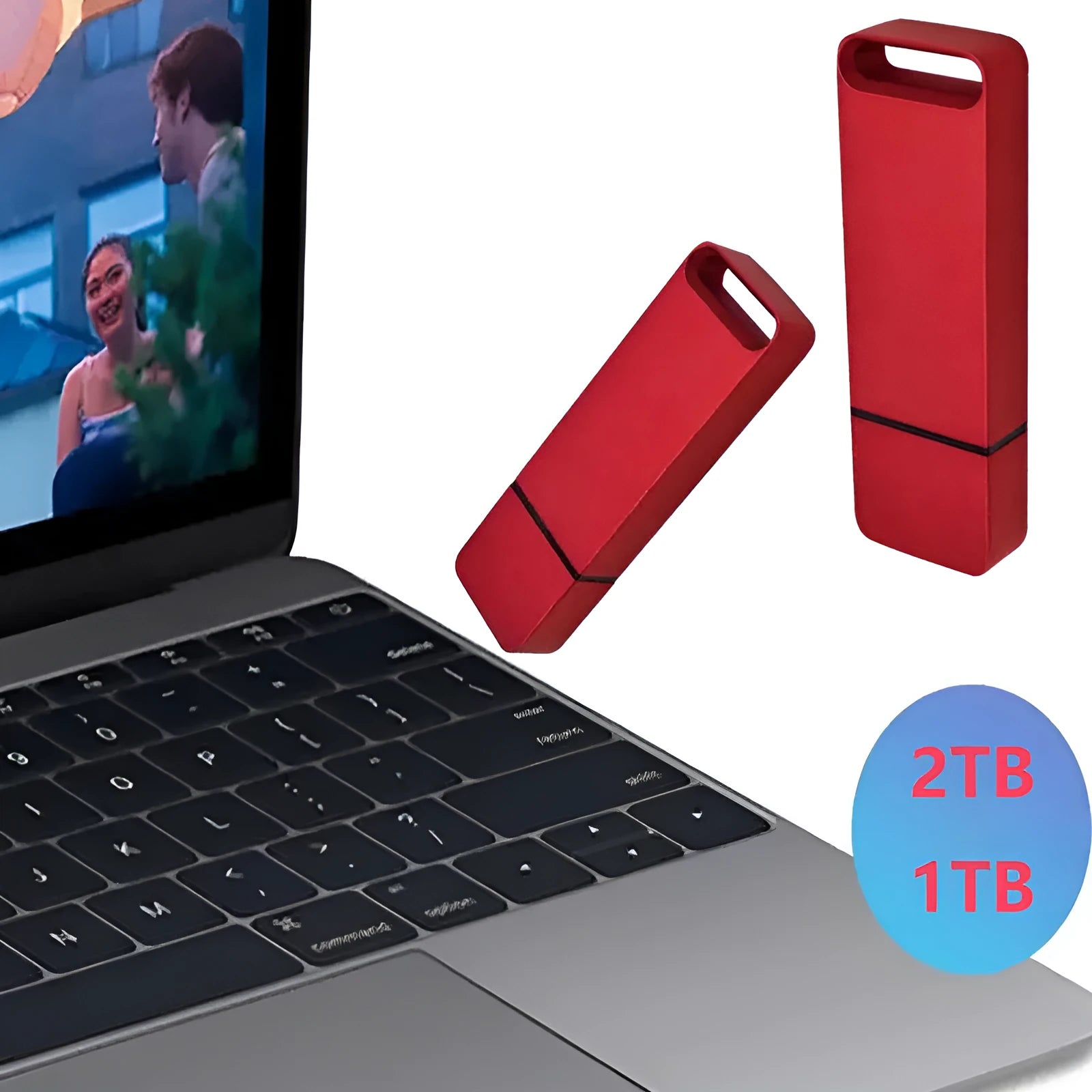 Customisable metal USB flash drive in black, red, or silver showing high capacity options up to 16TB.