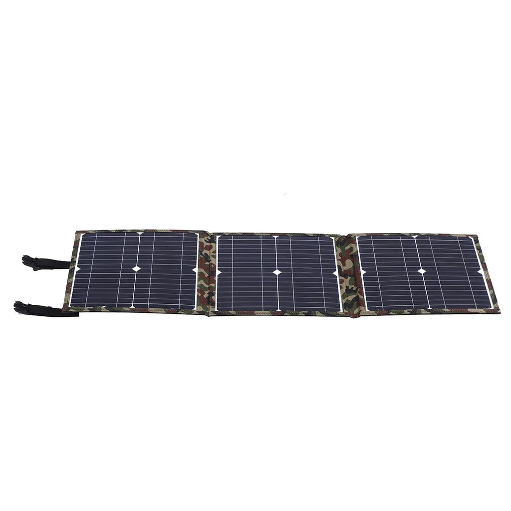 Black portable foldable 36W solar panel with car charger and USB accessories for outdoor device charging
