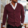 Men's slim fit acrylic cardigan sweater coat shown in creamy-white colour on a hanger.