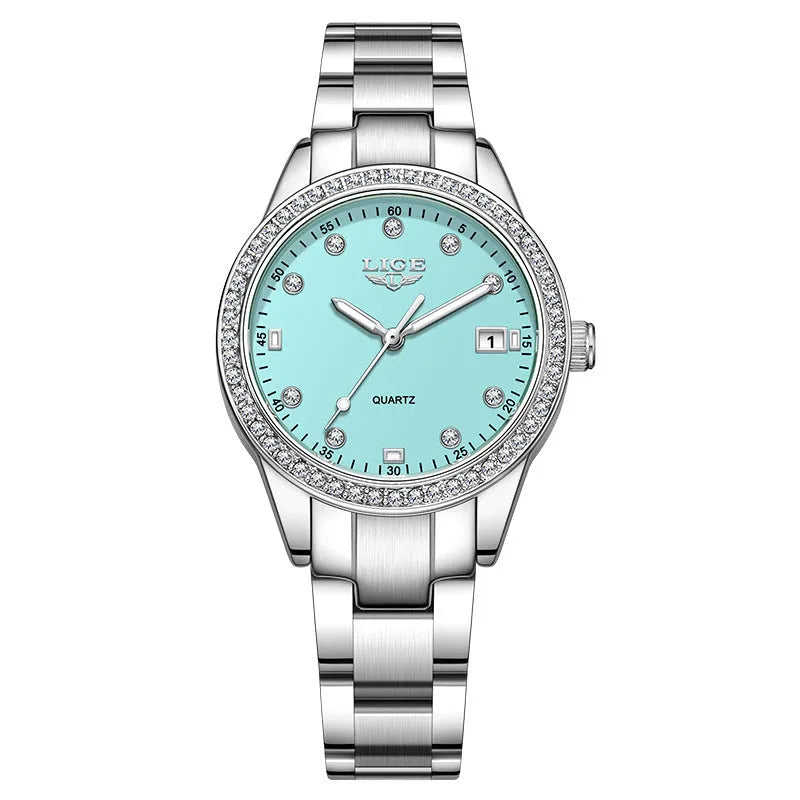 Women's silver fashion watch with diamond-encrusted bezel and luminous hands on 34mm stainless steel case