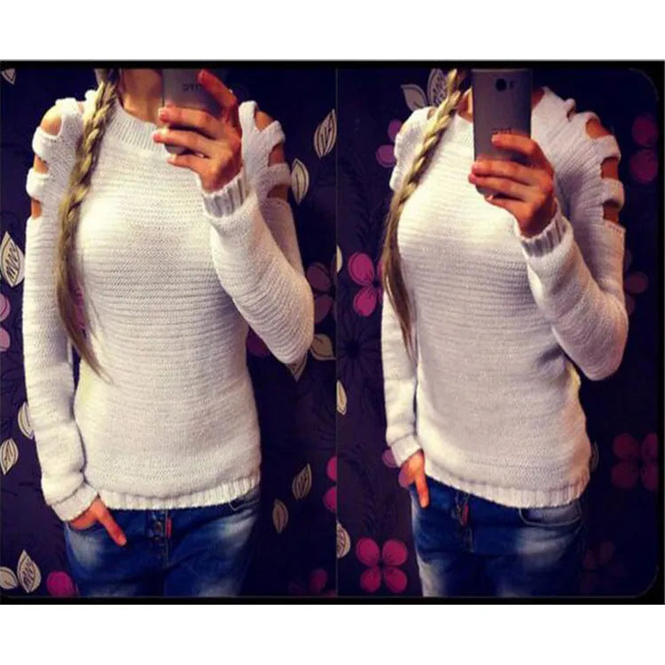 Women's white rabbit fur hollow-out knitted shirt with crochet design and round neckline