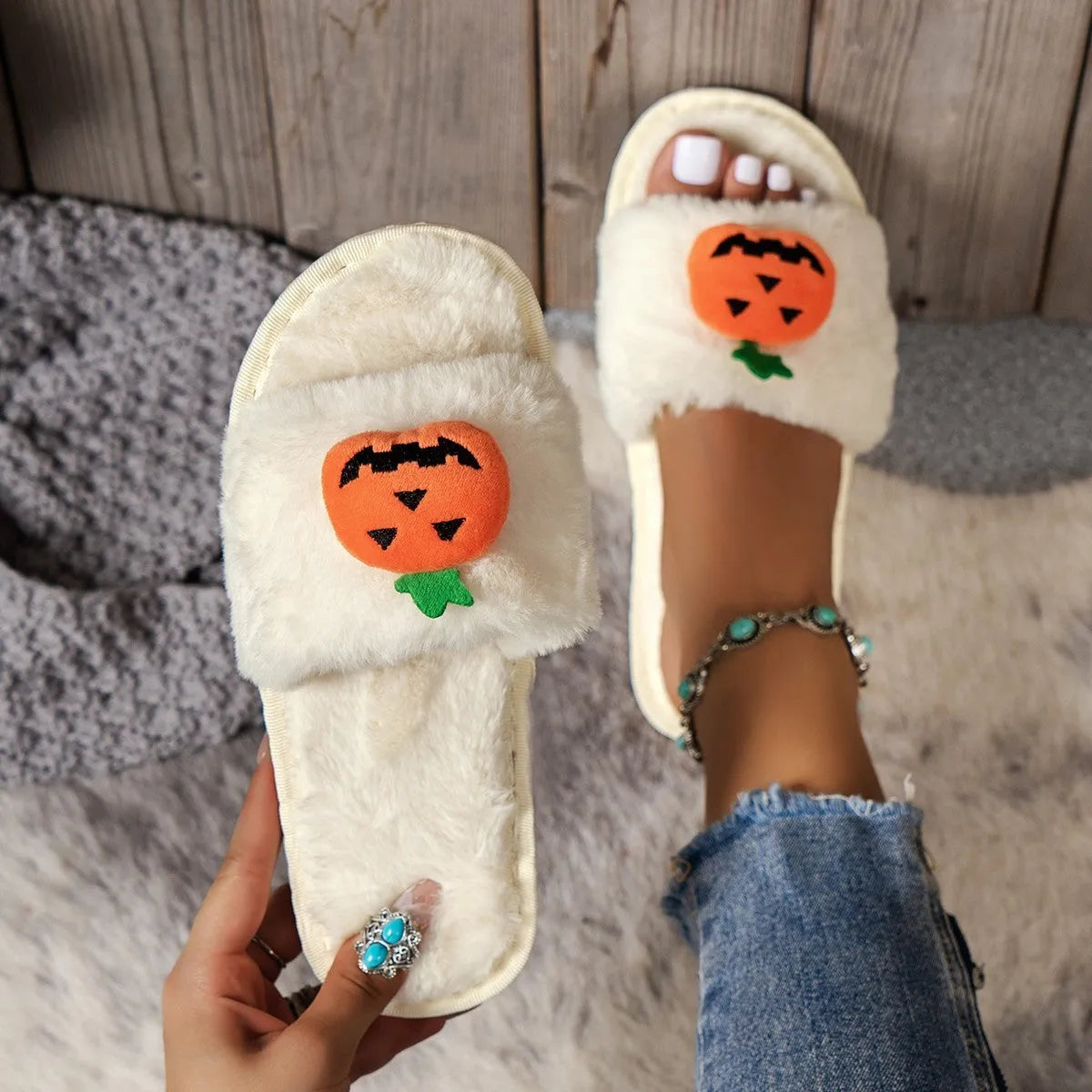 Yellow Halloween pumpkin cartoon design open-toe plush slippers with synthetic fur