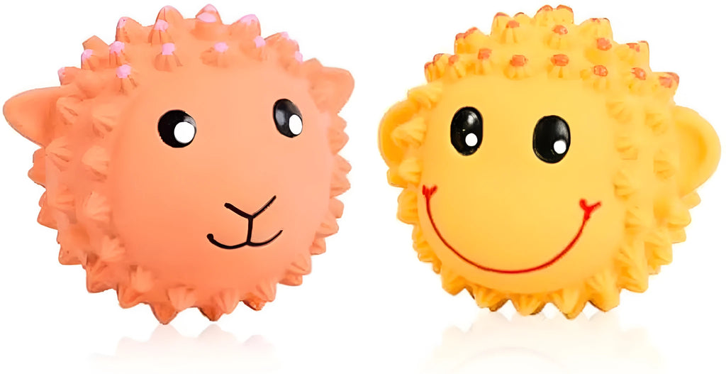 Orange and yellow spiky latex squeaky dog toys shaped like animals for teeth cleaning