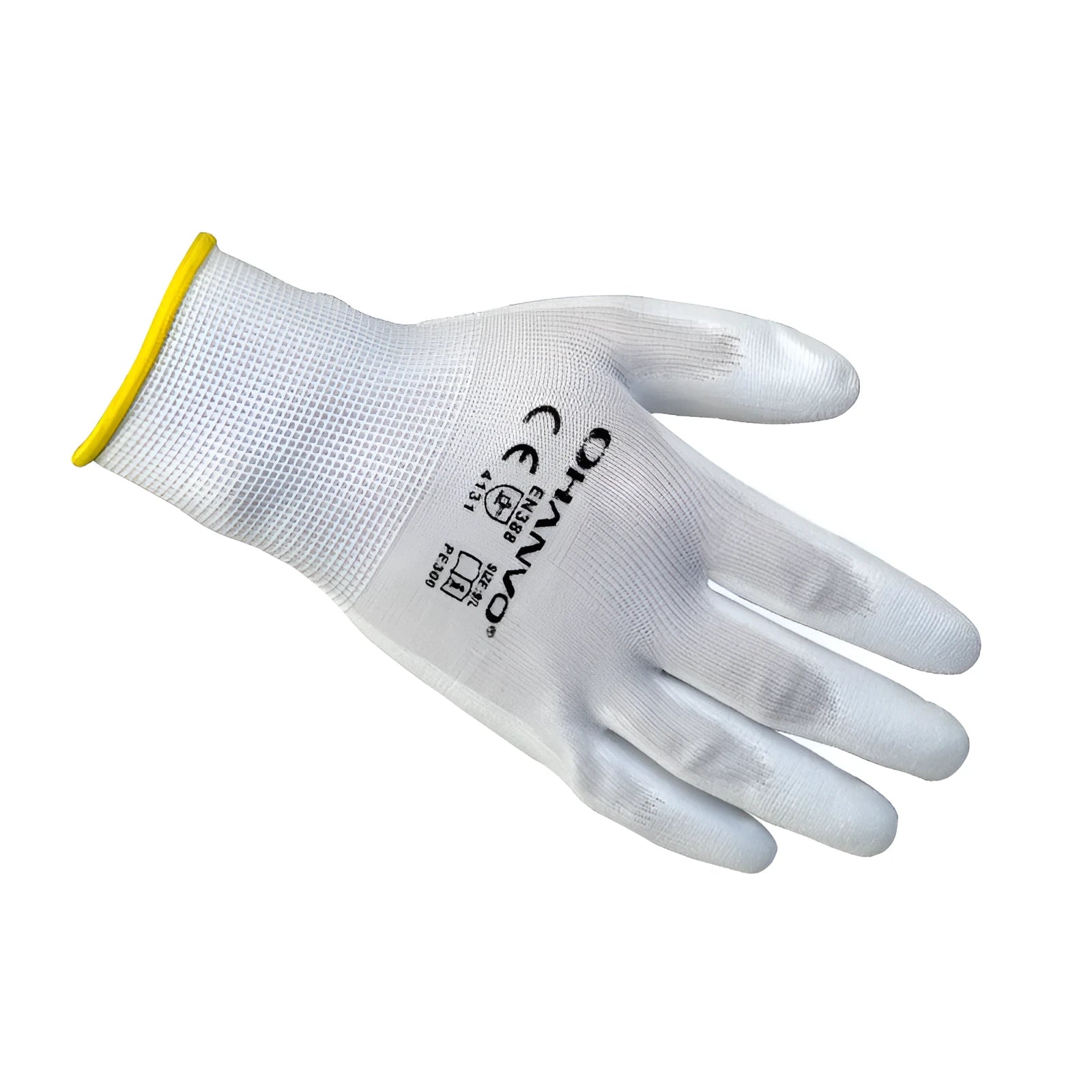 White PU coated labour gloves showing wear-resistant palm and breathable back, sizes M and L.