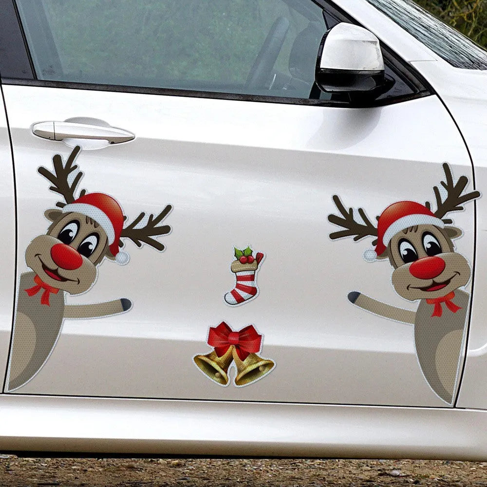 Set of magnetic Christmas elk bell cartoon design bumper stickers with reflective luminous finish.