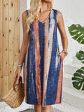 V-neck sleeveless dress with colour block stripes in casual Japanese Korean style
