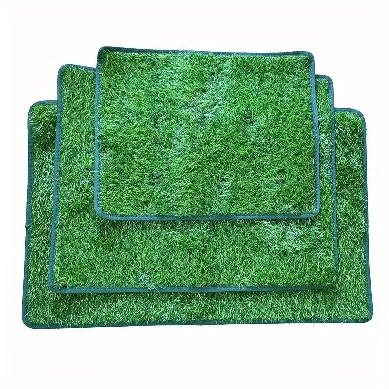 Washable artificial grass pet training mat for dogs and cats on a tiled floor.