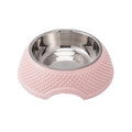 Set of four coloured stainless steel pet bowls with a non-slip base for cats and dogs.