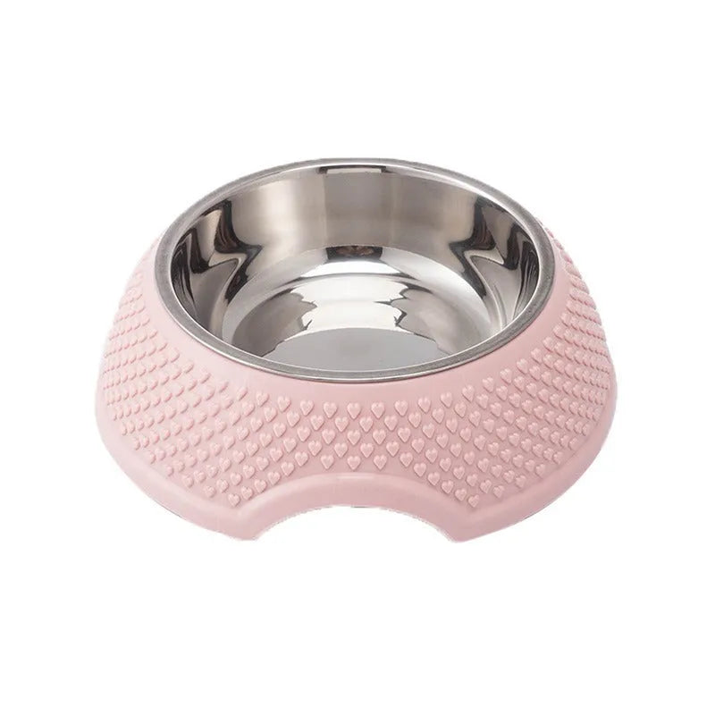 Set of four coloured stainless steel pet bowls with a non-slip base for cats and dogs.