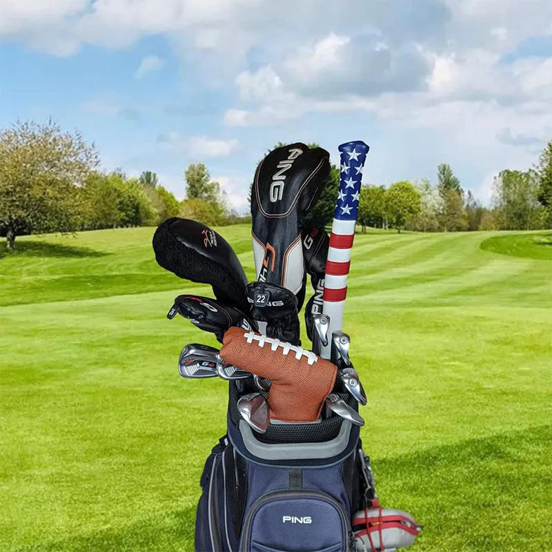 Black PU leather golf club push rod sleeve on a golf club shaft.