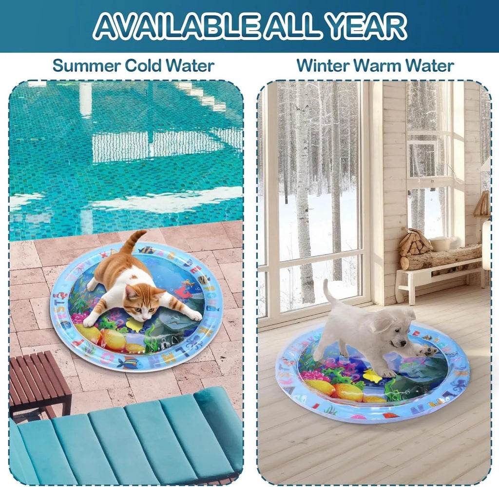 Thickened PVC water sensory playmat for cats and dogs with floating fish toys in ocean theme design