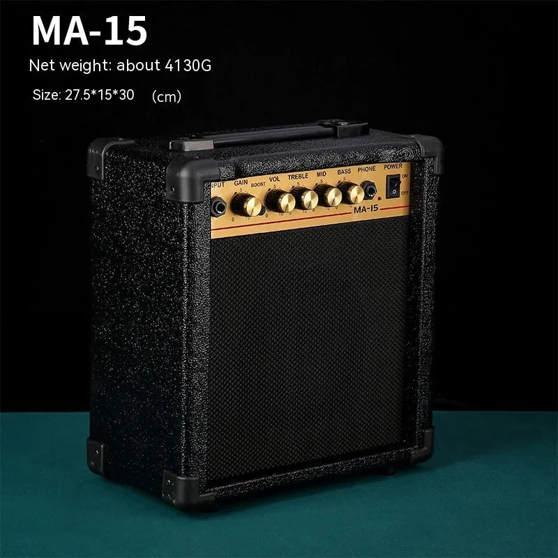 Small and easy to carry guitar audio amplifier with metal plastic construction, 25 by 8 by 26 cm