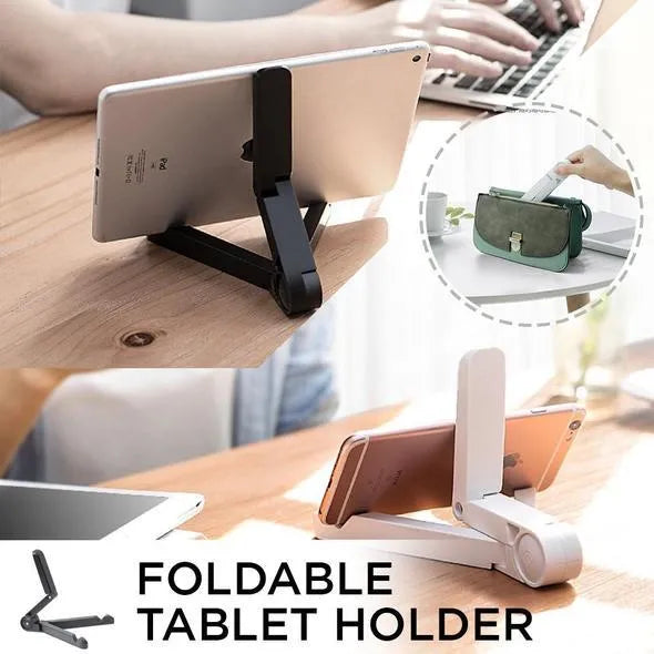 Black foldable tablet holder standing upright with a tablet in landscape mode on a wooden desk