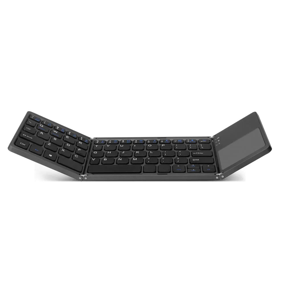Black tri-fold folding Bluetooth keyboard with touchpad shown open and closed, next to a mobile phone.
