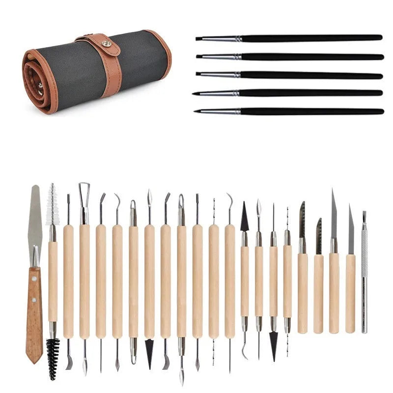 Brown 27-piece pottery tool set with stainless steel, wood, and plastic tools for clay sculpting