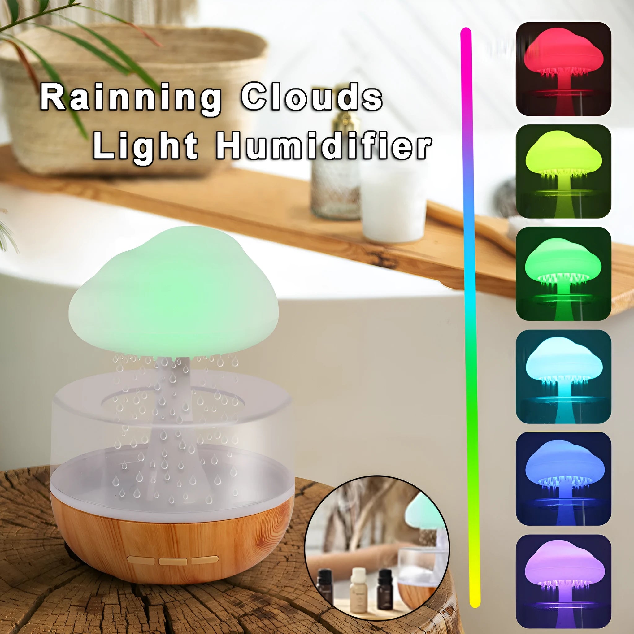 White cloud-shaped humidifier with night light and water flow display on wooden surface