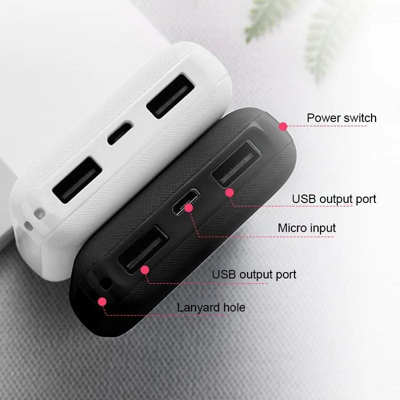 Black and white ultra-thin 10000mAh power bank showing multiple USB ports and compact 90x63x22mm dimensions