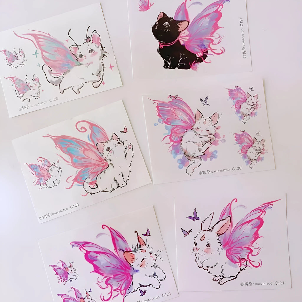 Angel cat pattern temporary tattoo sticker sheet 11x7.8cm on white background