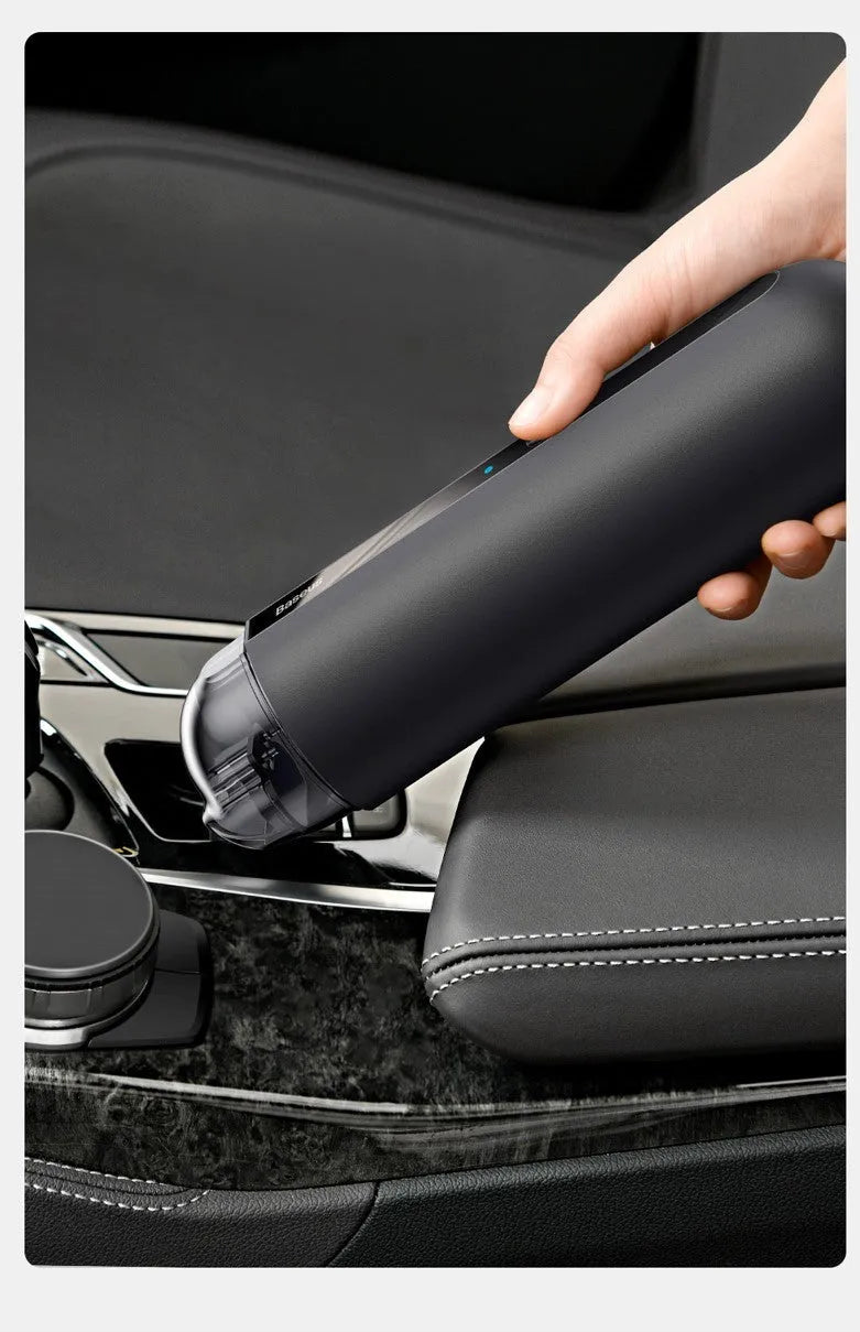 Wireless handheld car vacuum cleaner in black, white, or green with blowing hose attachment.