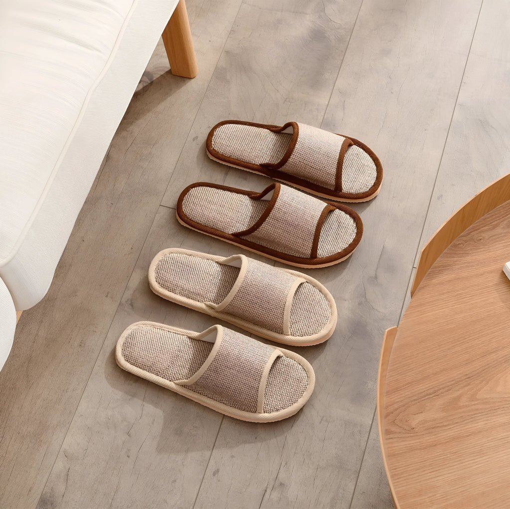 Women's open-toe linen slippers in light brown colour showing breathable design and thickening sole.