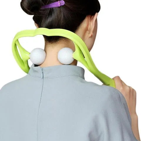 Blue plastic handheld neck and shoulder massager with adjustable stand and removable soft head on a white background.