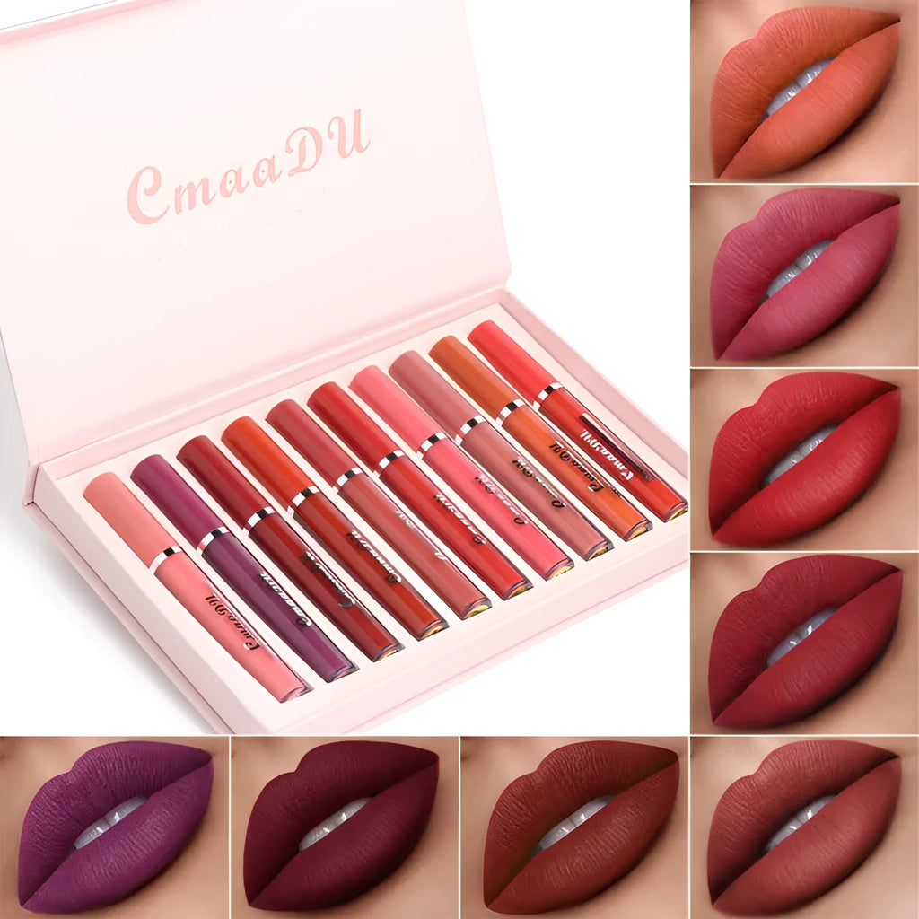 Women's non-stick cup waterproof matte lipstick 10-pack in photo colour with box dimensions 23.8x14.7x2.5 cm