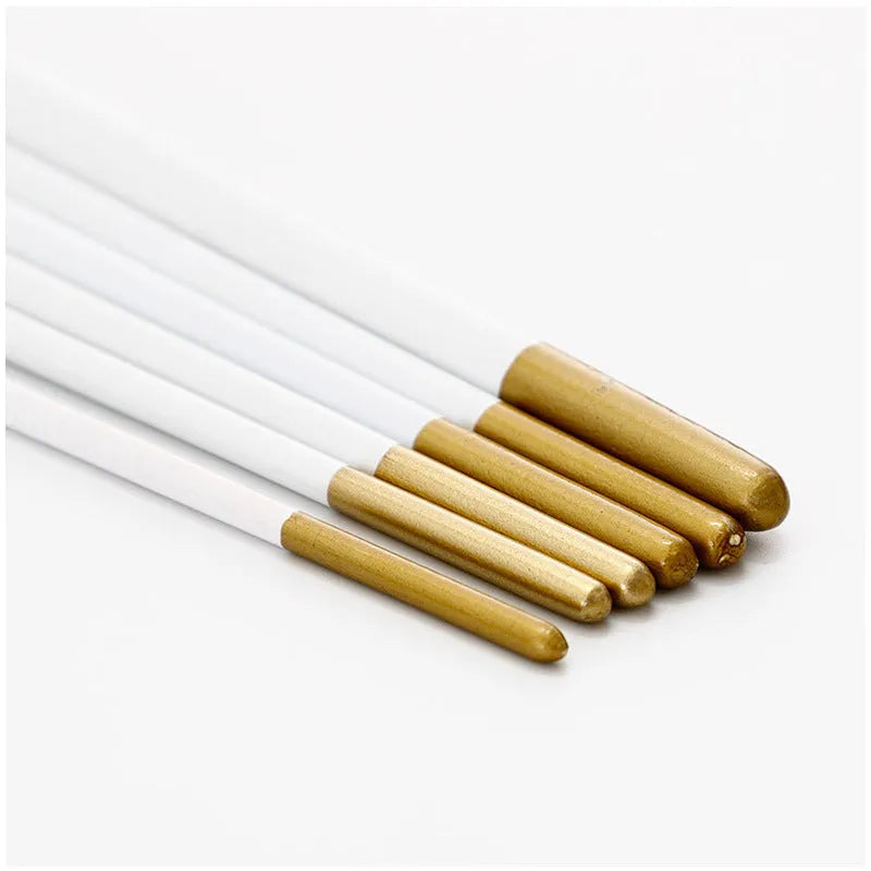 Set of six paint brushes with wooden handles and silver ferrules on a white background