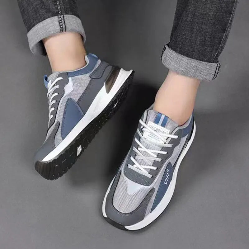 Men's colour block mesh sneakers with lace-up design and round toe in black, grey, and white options