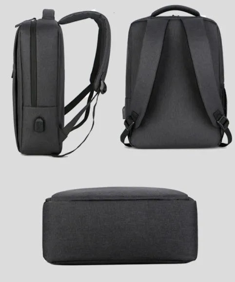 Waterproof rechargeable laptop backpack in multiple colours, shown with a 15.6 inch laptop in its padded compartment.